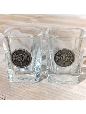 Attractive BACARDI Shot Glasses PAIR Pewter Logo Rounded Square Glasses